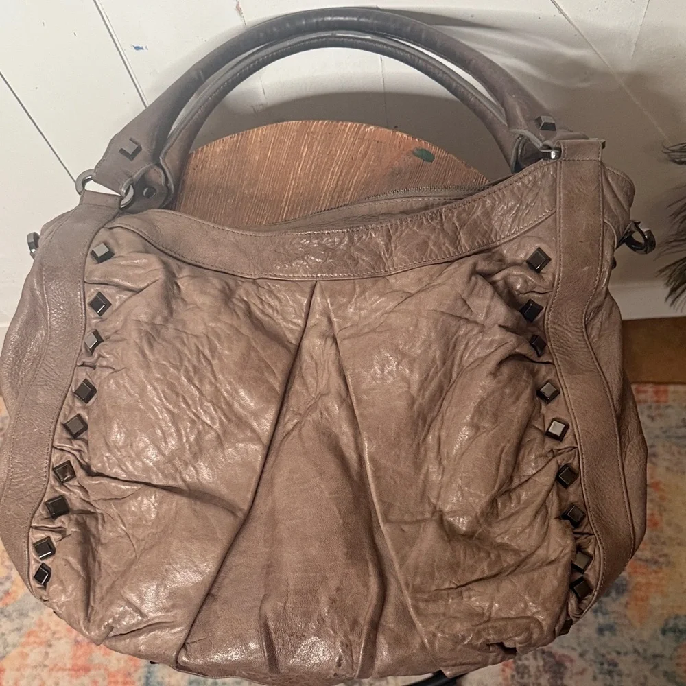 Treesje Dark Greige Leather Hobo Bag Stud Accents
